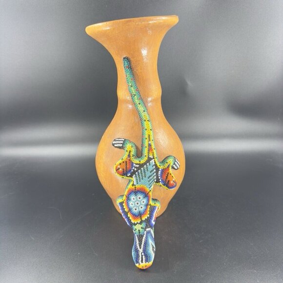 Mexican Folk Art Beaded Lizard On Pottery Wall Hanging Vase Vessel Alebrije VTG - Picture 9 of 15